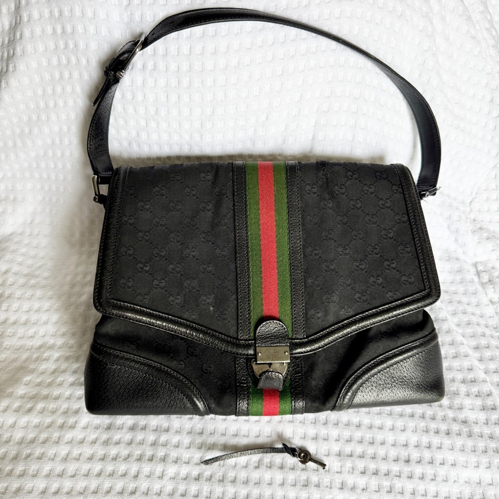 Gucci Black GG Canvas and Leather Web Treasure Shoulder Bag